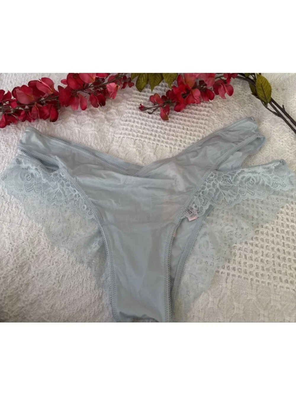 VICTORIA'S SECRET L BLUE WINGS VERY SEXY HIGH LEG CHEEKY SILKY PANTIES NWT